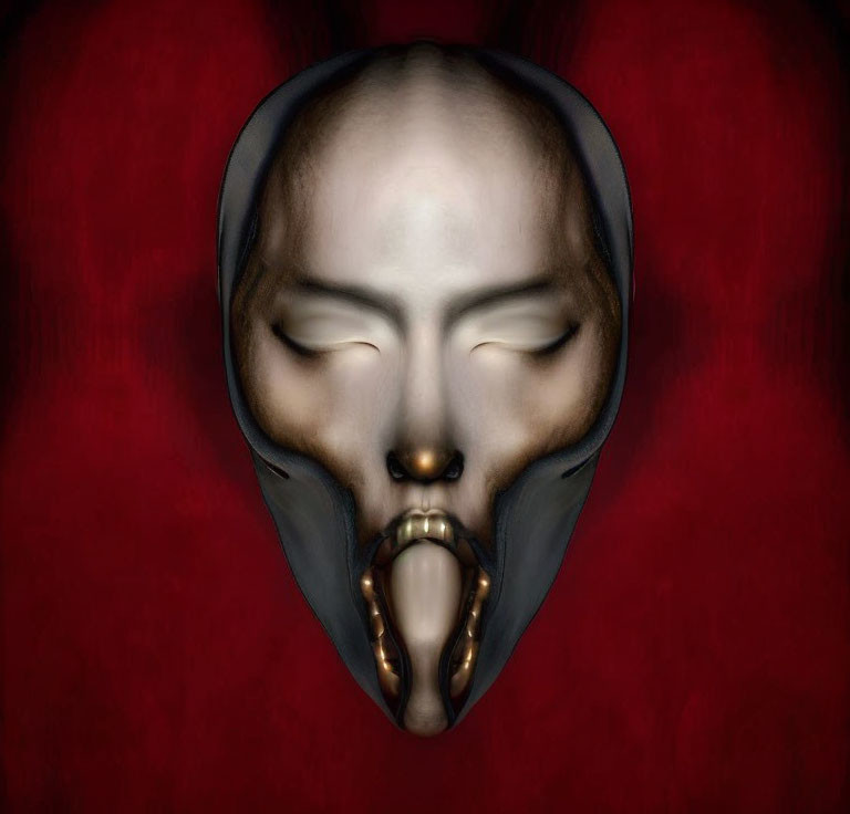 Surreal dark mask with closed eyes on deep red background