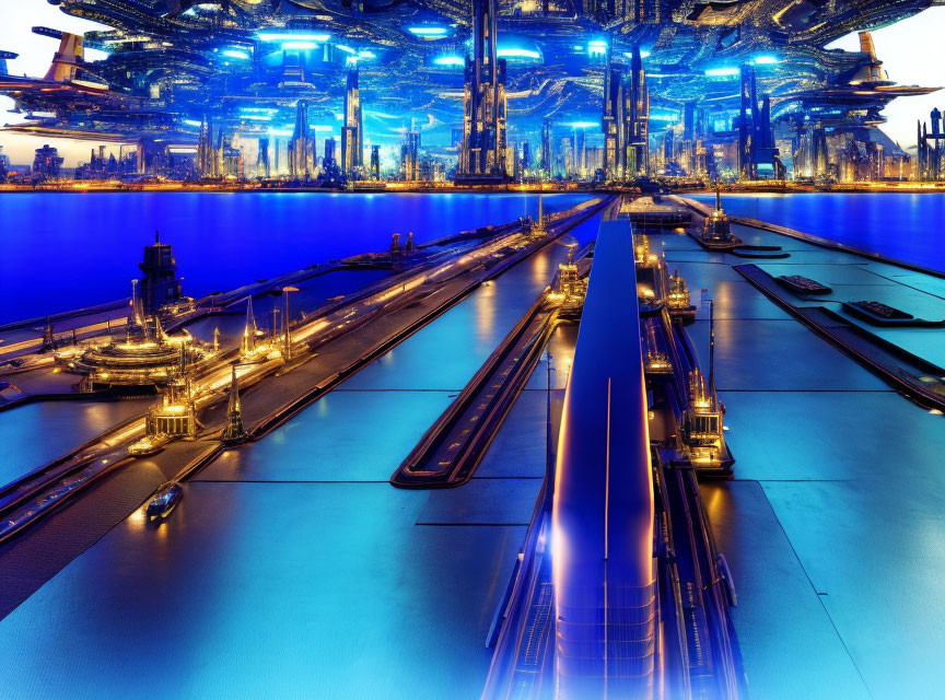 Futuristic cityscape with neon blue lights and towering skyscrapers at night