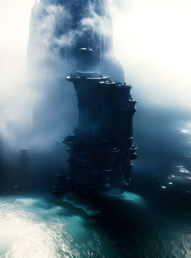 Majestic futuristic ocean structure with cascading water and misty surroundings