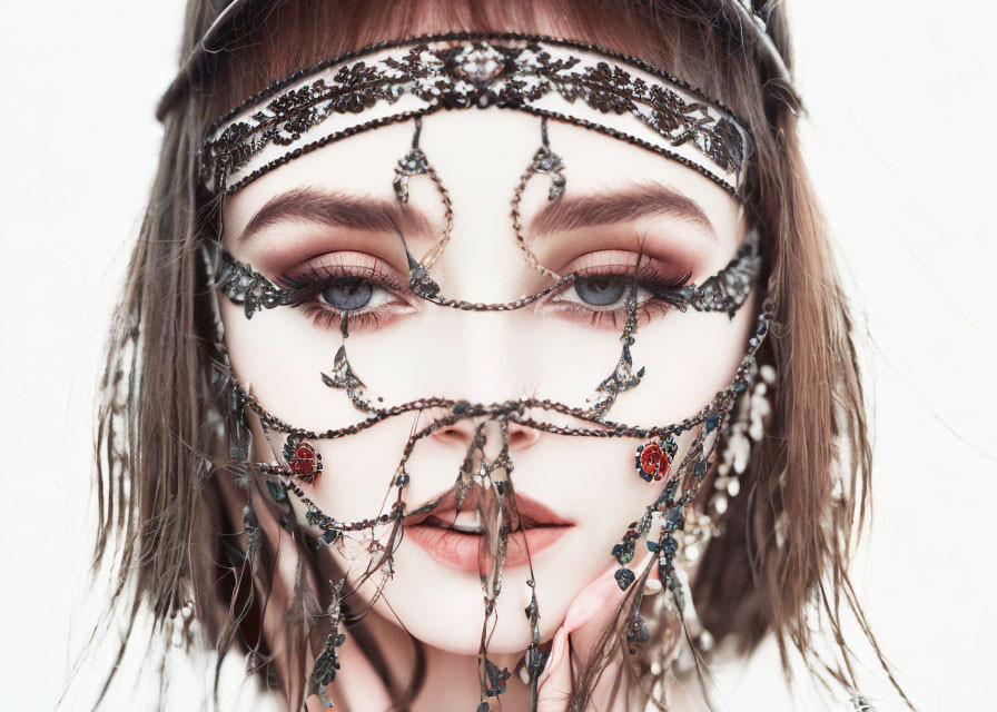 Woman with Striking Makeup and Decorative Forehead Chain