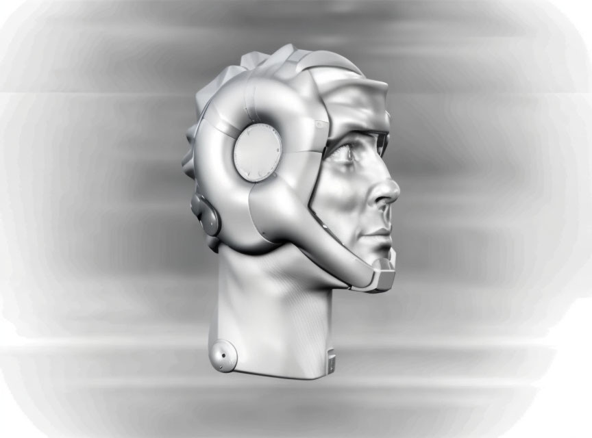 Cybernetic human head profile with mechanical elements in 3D render