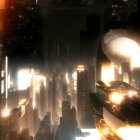 Futuristic night cityscape with glowing buildings and illuminated dome.