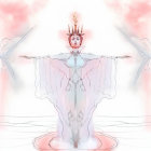 Symmetrical Artwork: Woman in White Dress with Elaborate Headpiece in Pink Smoke