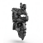 Futuristic black mechanical mask with intricate details on white background