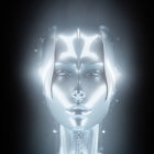 Futuristic humanoid robot face with glossy design and blue glow