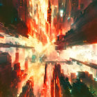 Futuristic cityscape with glowing orange skyscrapers