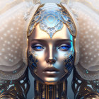 Detailed Close-Up of Female Figure with Golden Headgear and Futuristic Mechanical Features