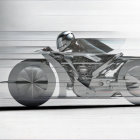 Futuristic motorcycle rider with large wheels in dynamic motion blur