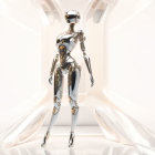 Metallic humanoid robot in transparent case on white background