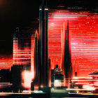 Futuristic cityscape with glowing red lights and skyscrapers