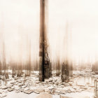 Futuristic cityscape with mist-covered skyscrapers on snow-covered ground