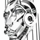 Detailed Chrome Robotic Face on Vertical Lines Background