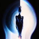 Futuristic alien figure in spotlight against dark space backdrop