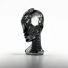 Futuristic glossy robotic head sculpture on white background