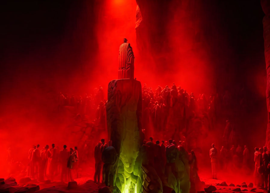 Crowd in dark space around central figure on pedestal with red lighting