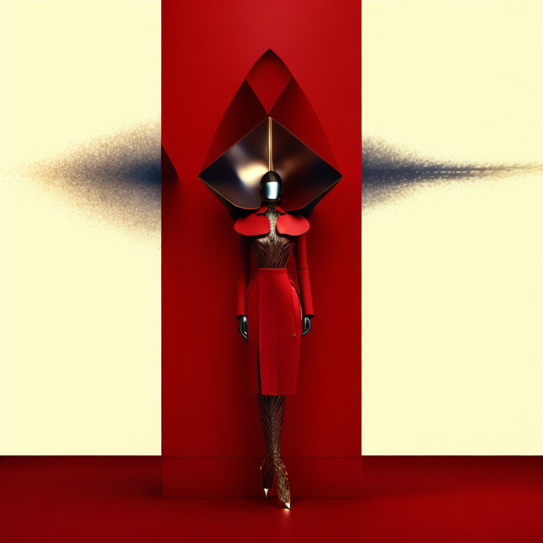 Futuristic figure in red with oversized geometric headpiece against symmetrical shadow patterns