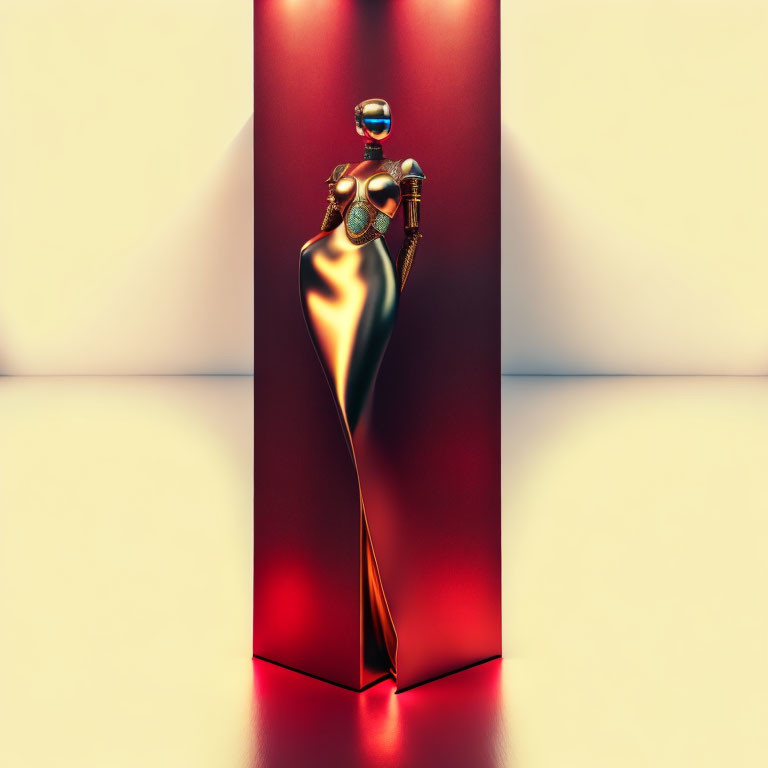 Abstract humanoid figure in gold against red backdrop