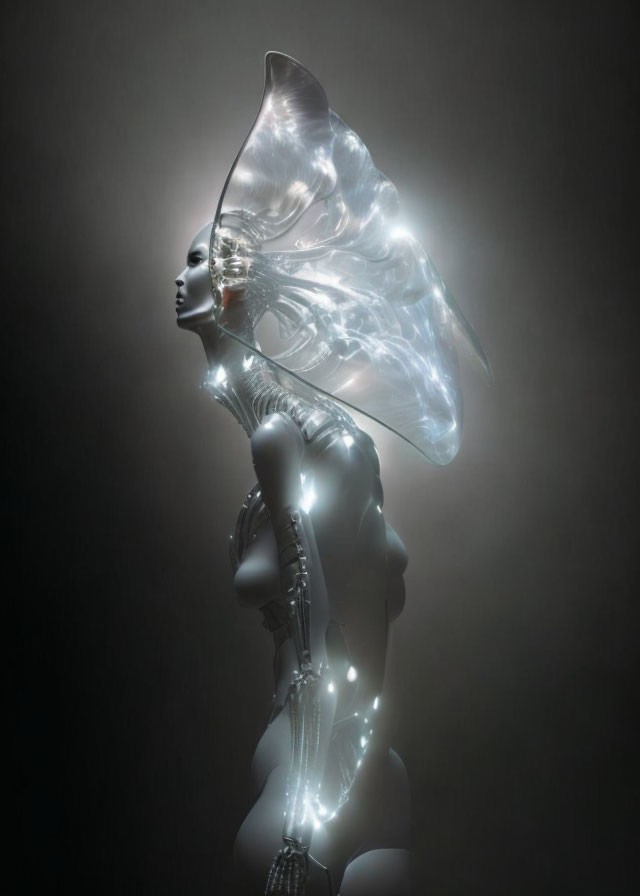 Female Android with Glowing Elements and Transparent Wing-Like Structures