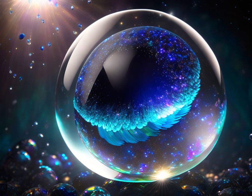 Digital artwork: Glossy sphere reflecting galaxy, feathers, bubbles on dark cosmic background.