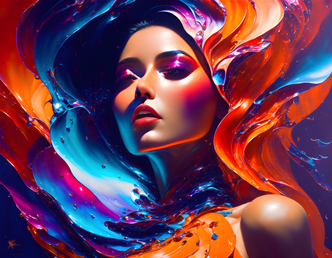 Vibrant surreal portrait of a woman in swirling liquid colors