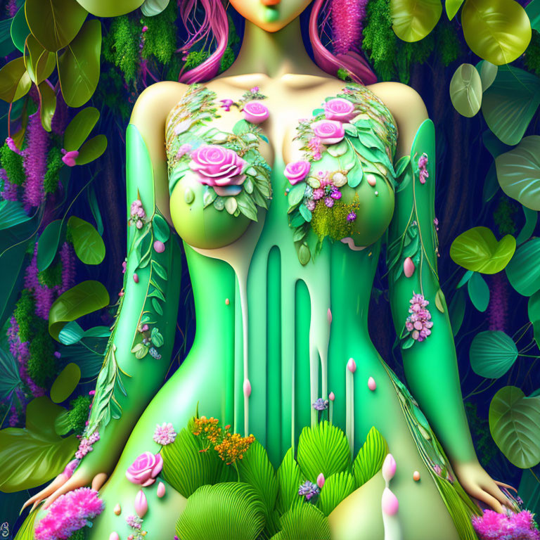 Green-skinned woman adorned with flowers and leaves in botanical setting