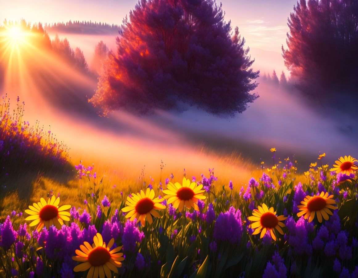 Colorful woodland sunrise with vibrant wildflowers