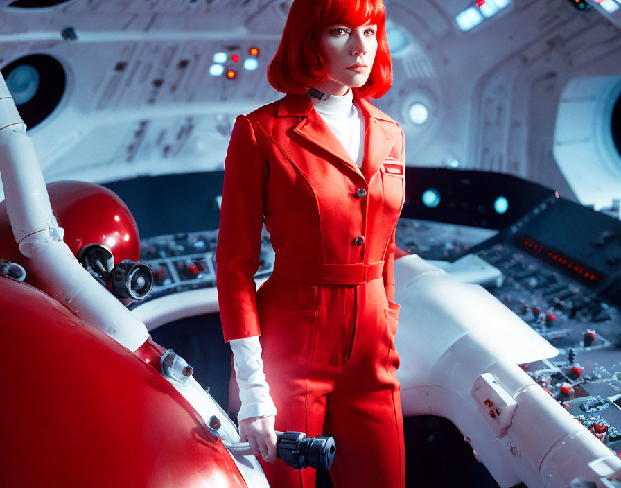 Red-haired woman in spacecraft with control joystick