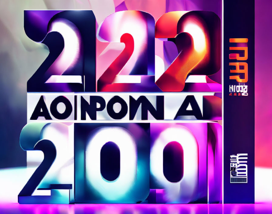 Colorful 3D graphic of "2022" numbers with reflections on vibrant background and stylized