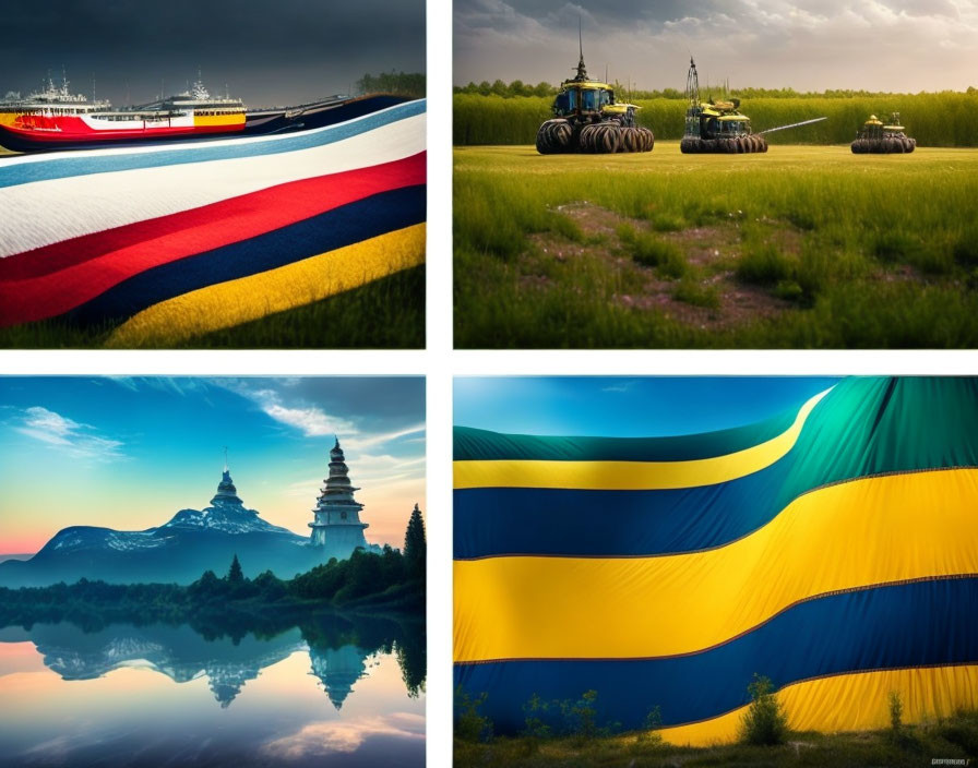 Collage of ship hull, tanks, pagoda, and flag in diverse settings