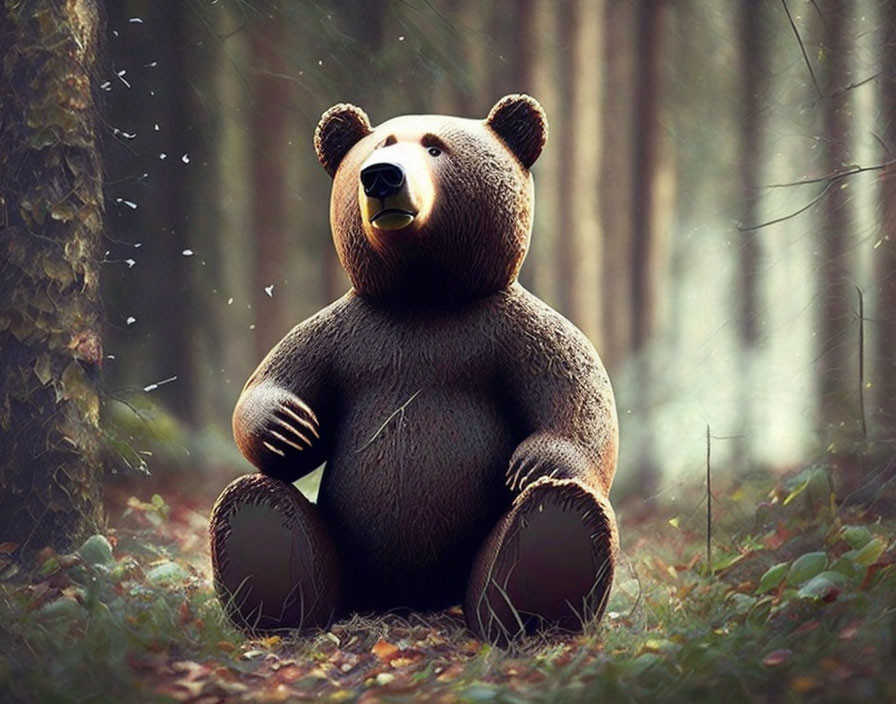 Realistic teddy bear in serene forest with drifting leaves