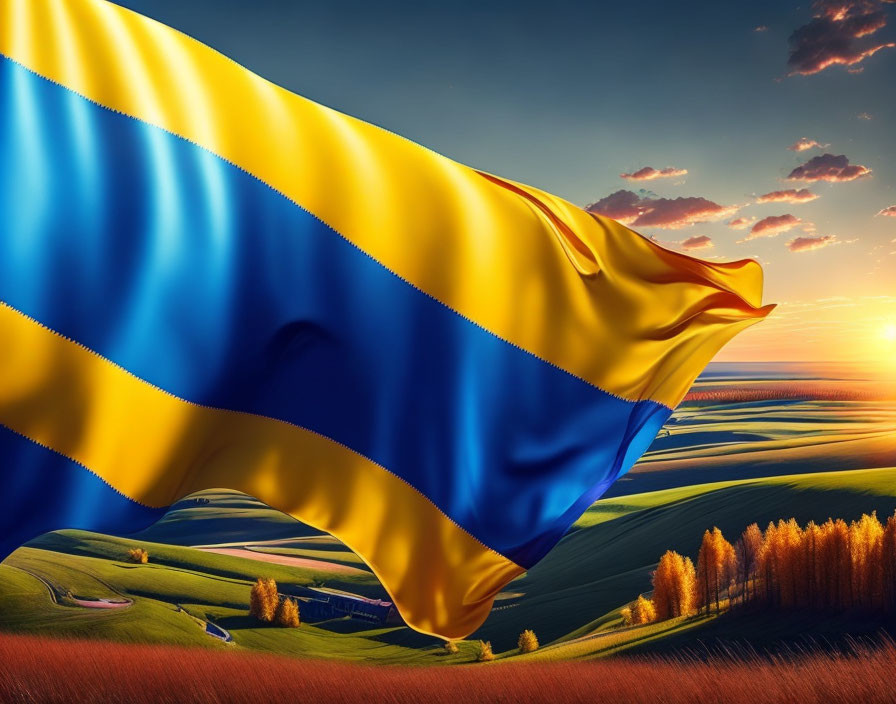 Swedish flag against rural landscape at sunset