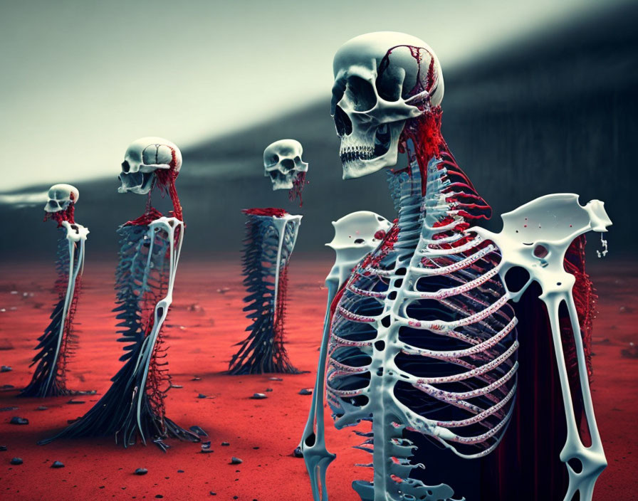 Surreal Skeleton Figures in Red Barren Landscape