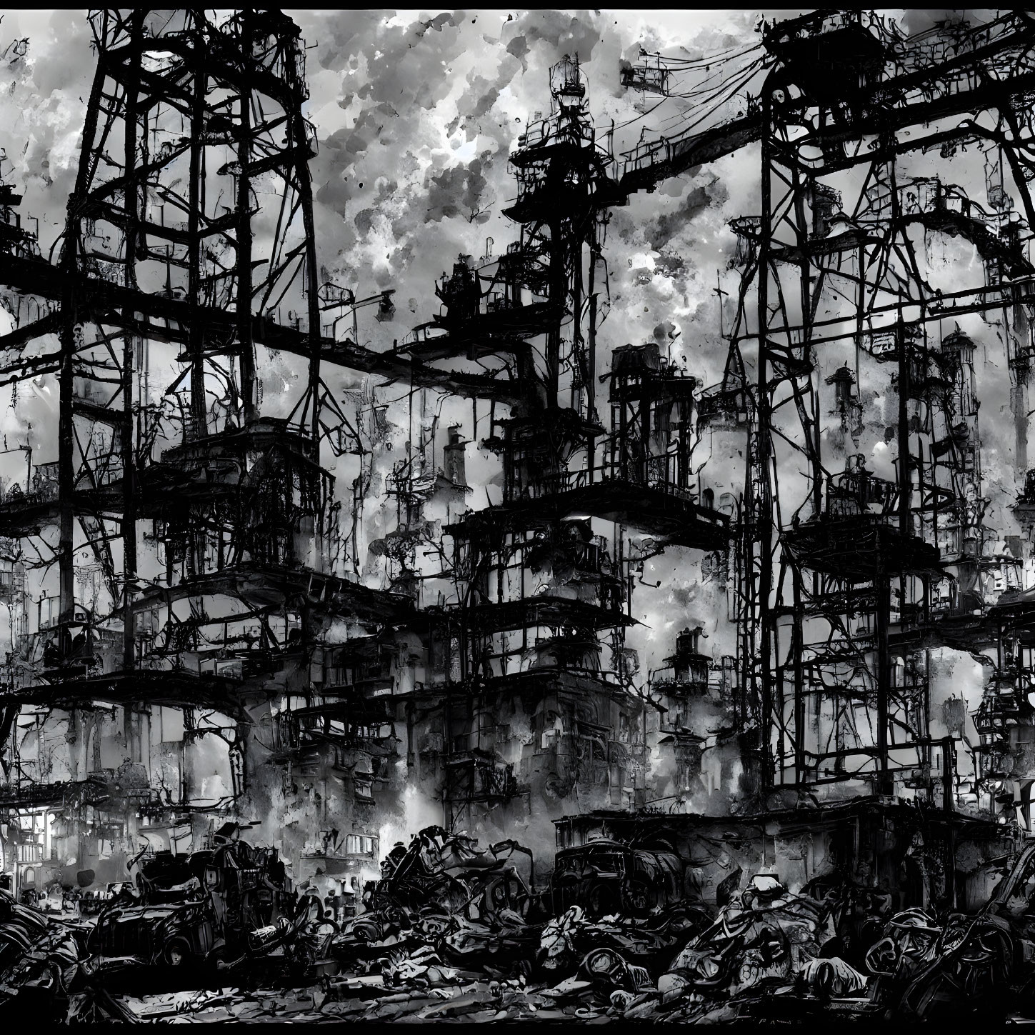 Dystopian industrial landscape with towering structures and scrap metal