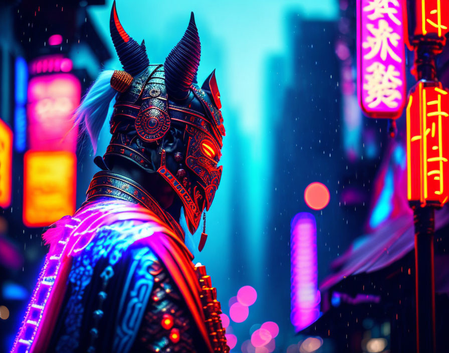 Samurai in traditional armor among neon-lit city streets at night