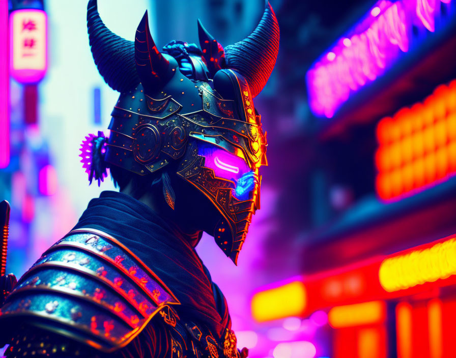 Futuristic samurai armor with glowing neon accents in vibrant cityscape