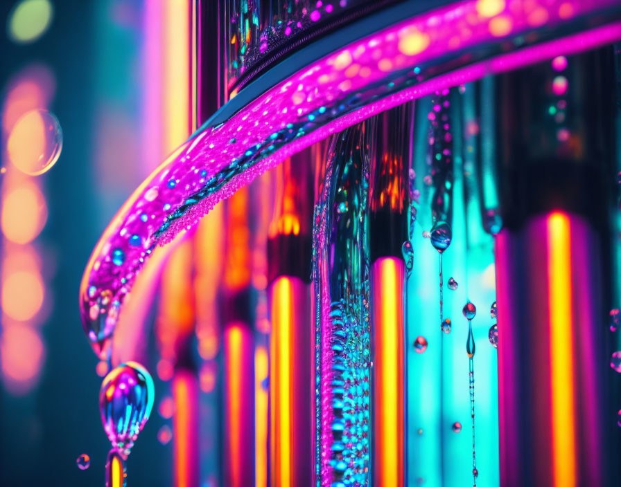 Colorful illuminated tubes with liquid beads and bubbles on vibrant pink and blue neon lights background.