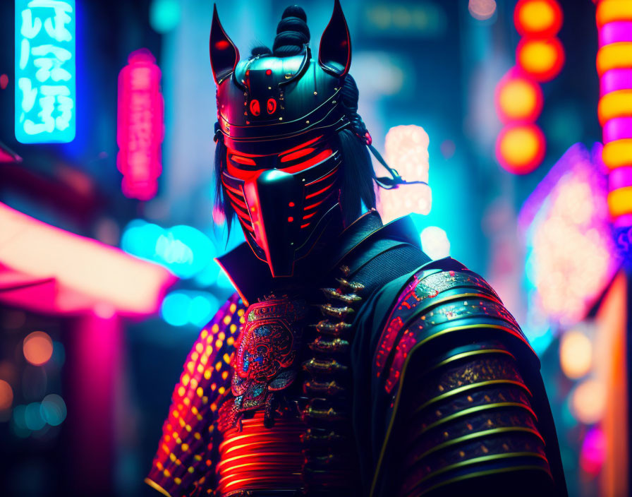 Modern twist on traditional samurai armor in urban setting.