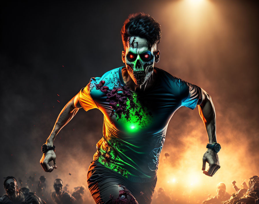 Intense person in skull face paint running in neon sportswear against dark backdrop