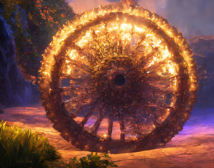 Ornate glowing wheel with orange-yellow flames in mystical forest