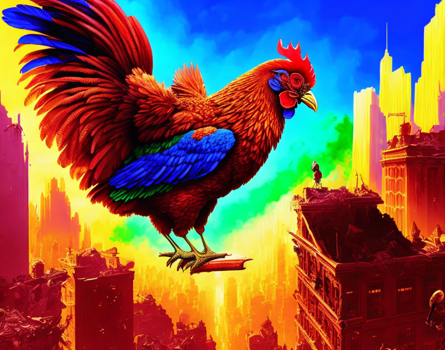 Colorful surreal artwork: Giant rooster on urban ruins at sunset