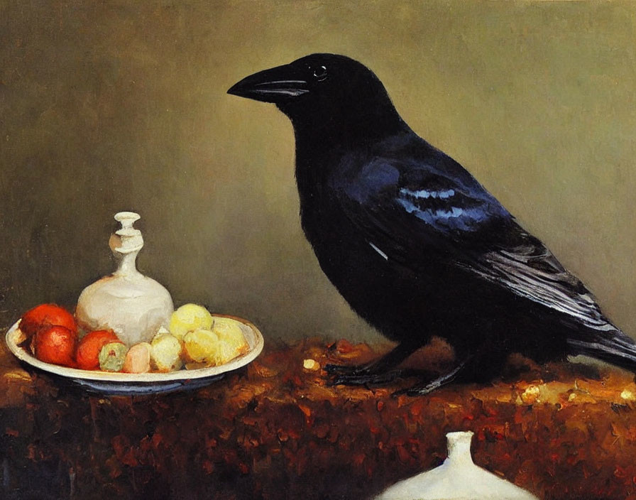 Raven with fruit plate and white decanter on table