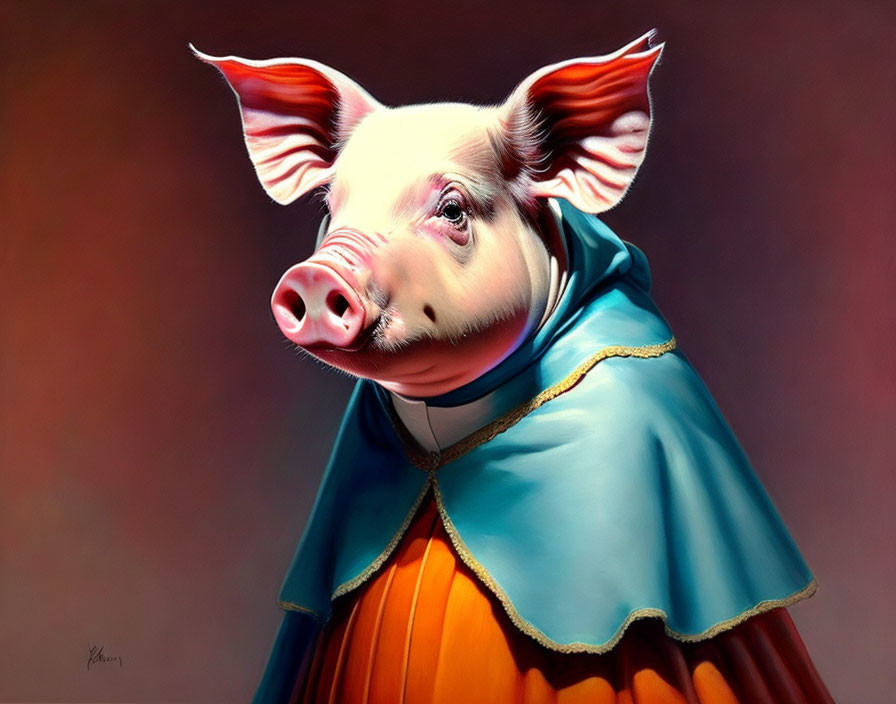 Whimsical painting of pig with human-like features in blue cloak against muted backdrop