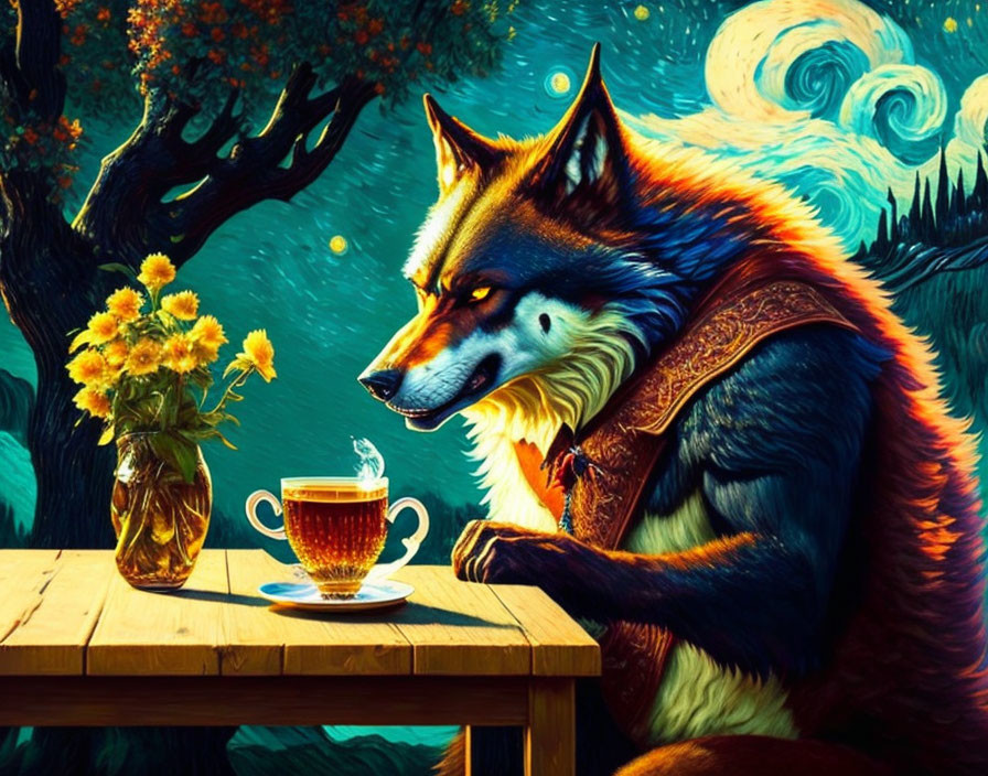 Anthropomorphic fox in cloak with tea in Van Gogh-inspired landscape