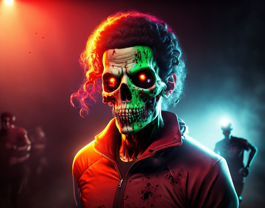 Skull-faced person in red and black jacket under colored lights