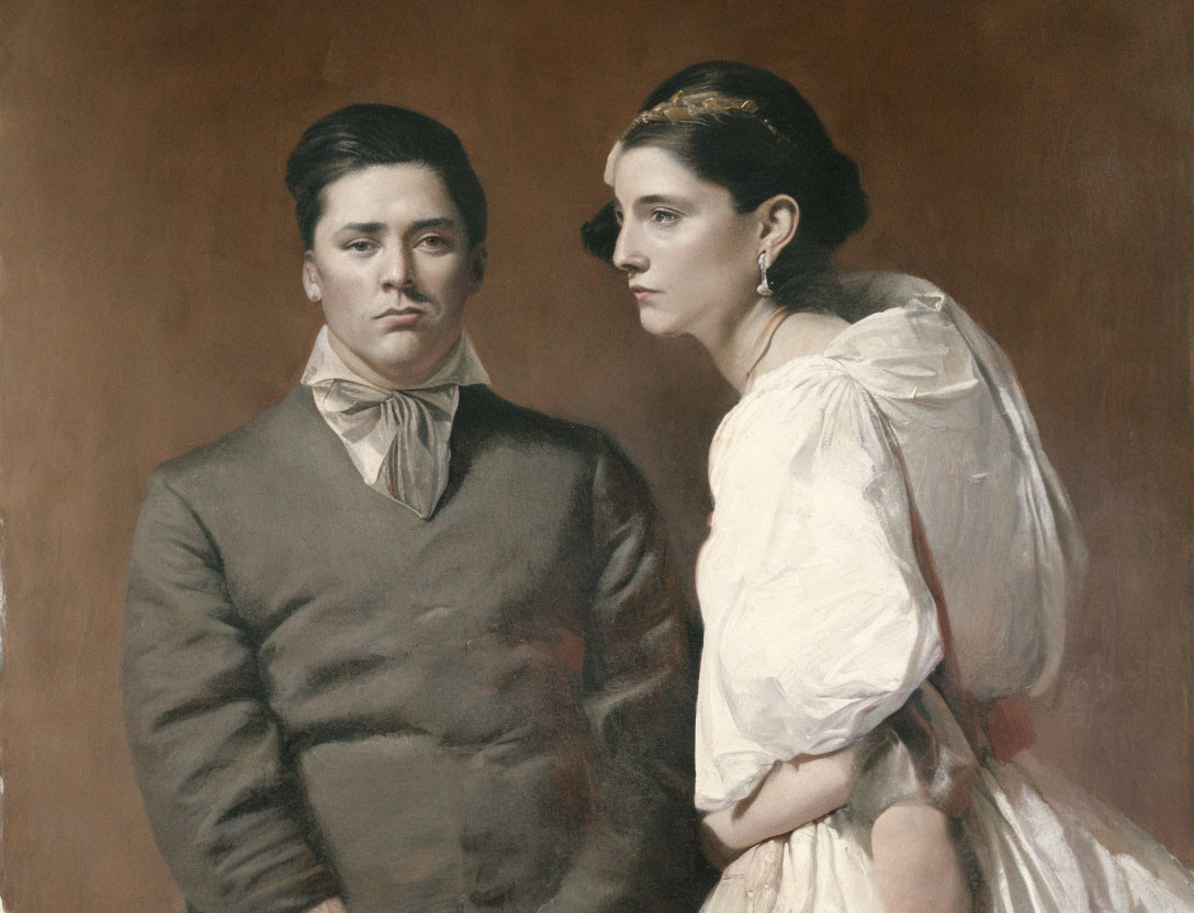 Man and woman in formal attire gazing sideways