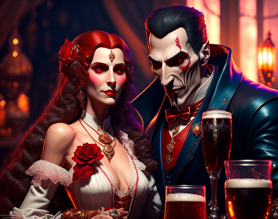 Gothic-style vampire couple in elegant attire at a bar with beer glasses