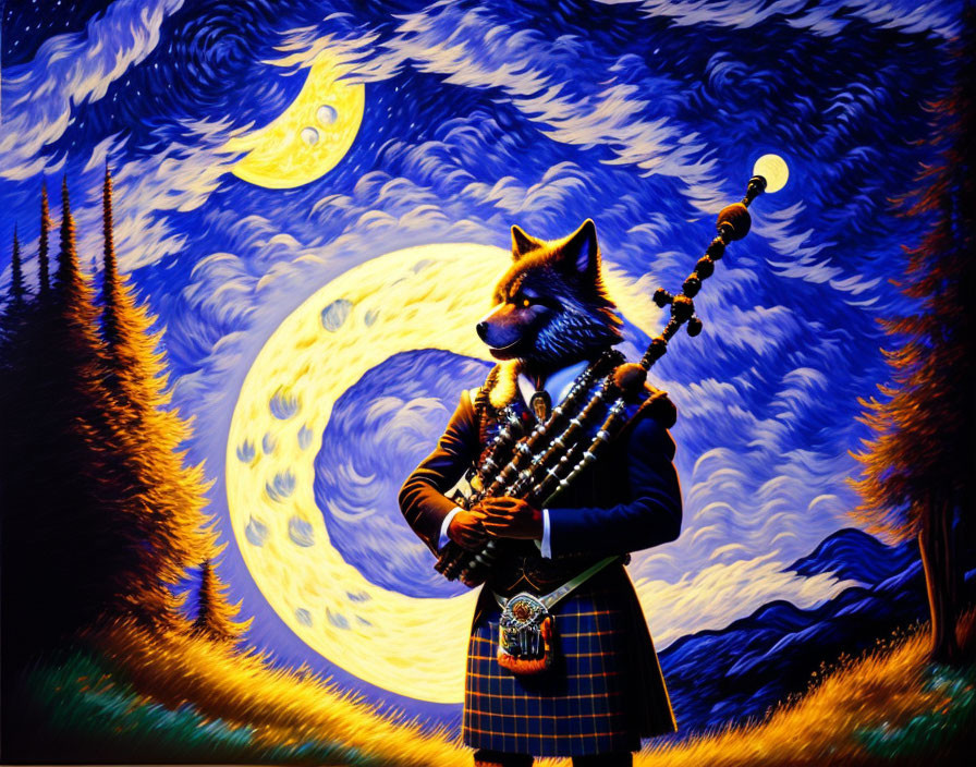 Anthropomorphic wolf playing bagpipes under starry sky with crescent moon.