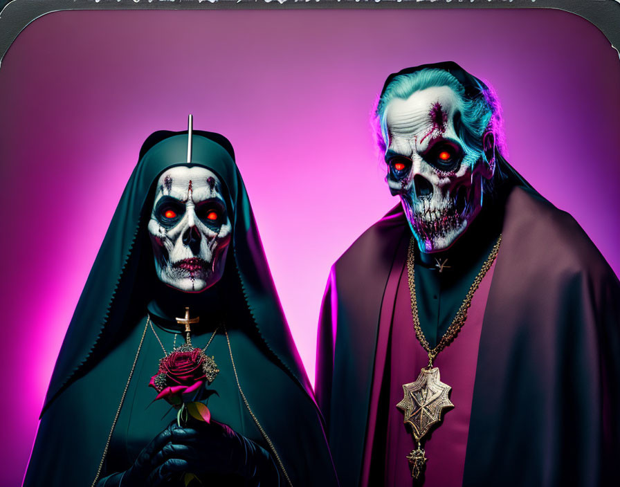 Religious figures with skull face paint, rose, and crucifix on split background