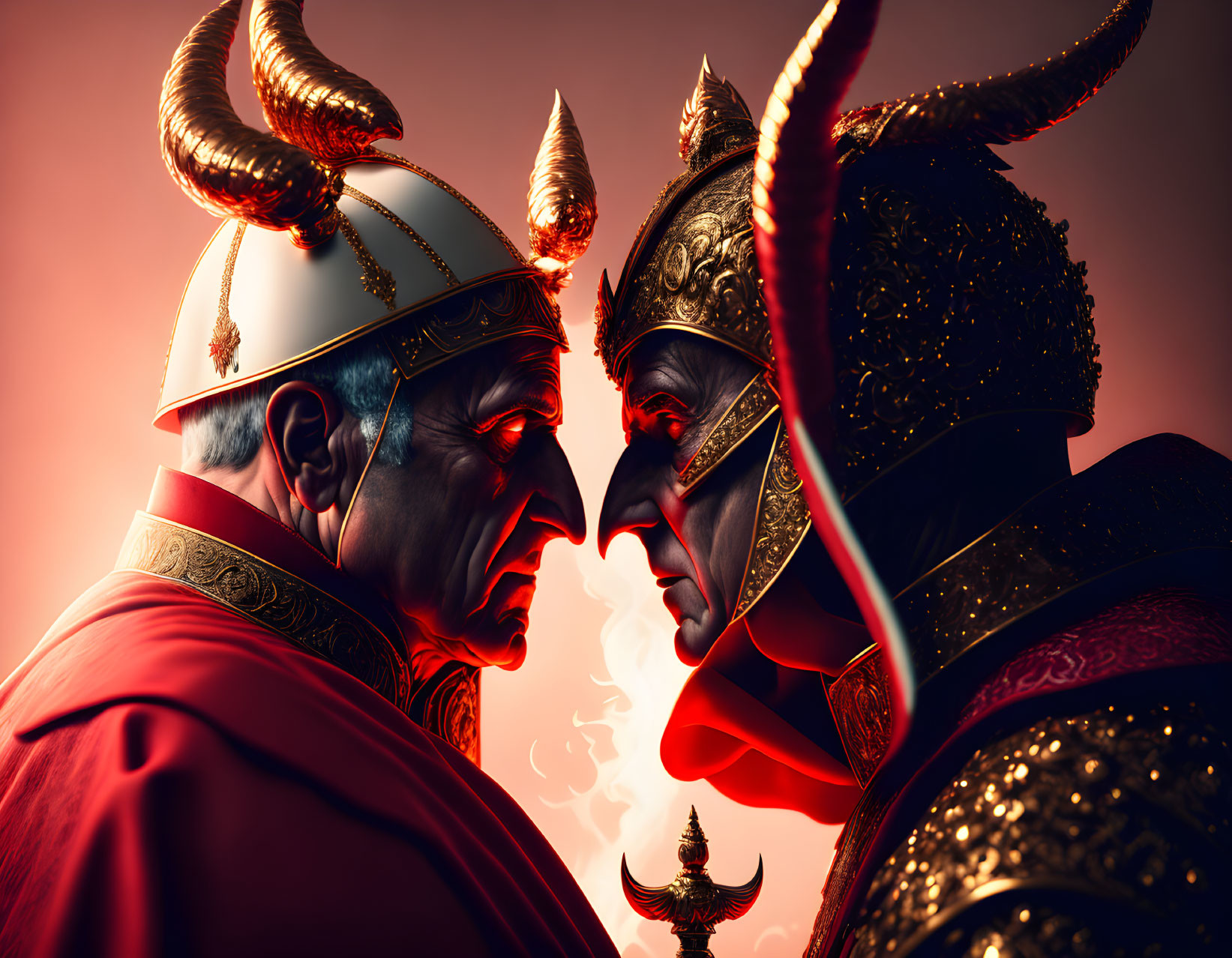 Dramatic image of two individuals in ornate costumes with horned headpieces in close confrontation.