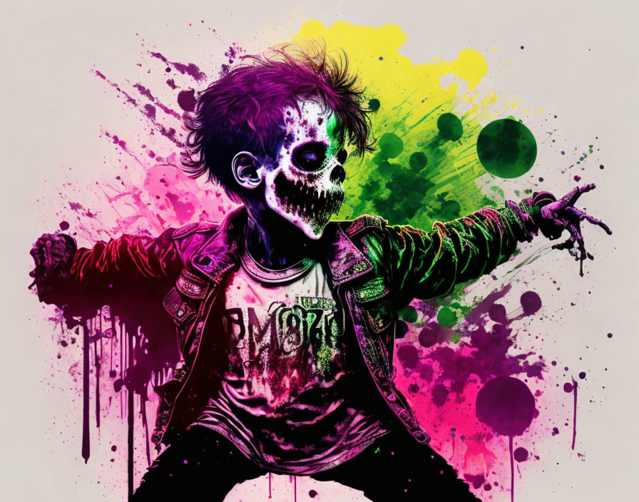 Zombie child illustration with vibrant splattered background